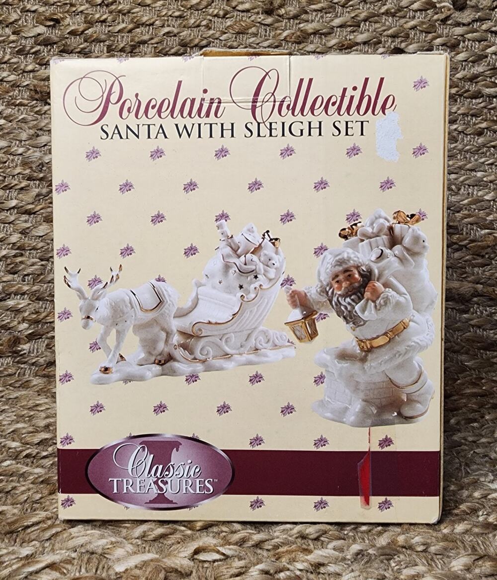 Classic Treasures Christmas Porcelain Collectible Santa Reindeer Sleigh Figurine